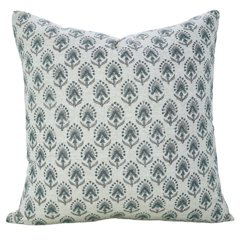 Housse de coussin Art Fab Fabine - Imprimés floraux sur lin doux, Vashundra, H 14 po x l 14 po, Bleu gris, Carrée