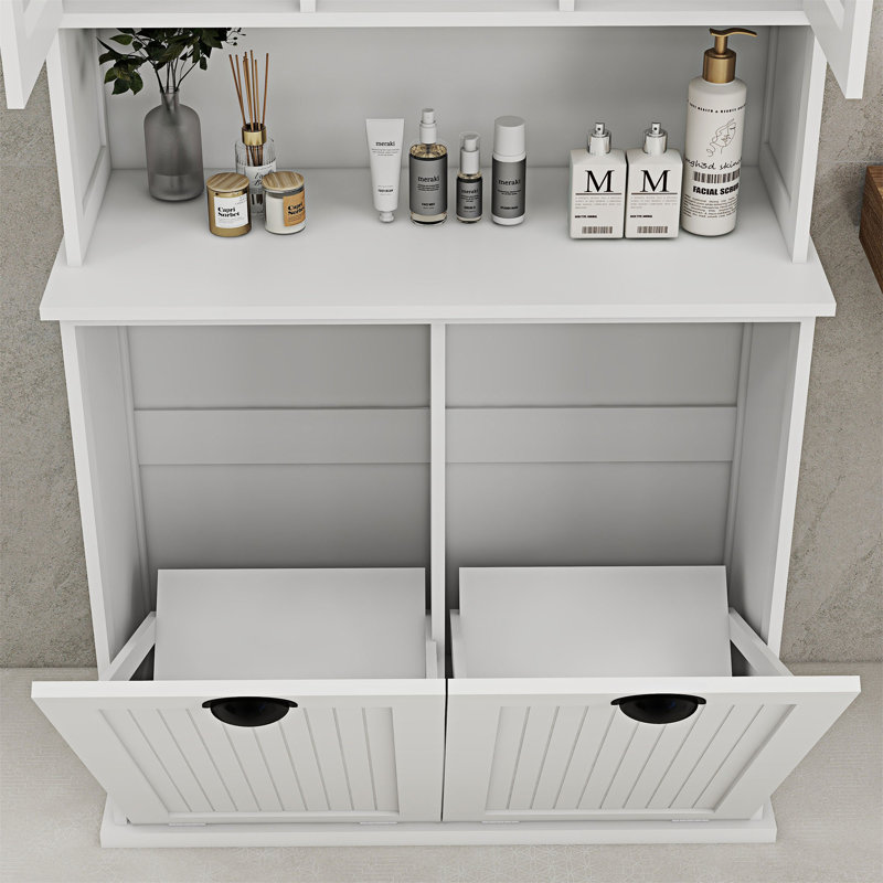 Aspasios Two-Compartment Tilt-Out Dirty Laundry Basket Tall Bathroom Cabinet with 2 Adjustable Shelves, White