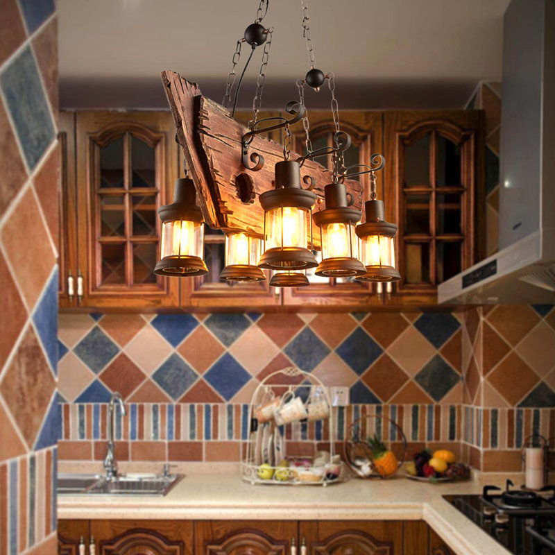 Lustre 6 lumières en bois Farmhouse