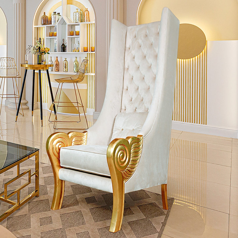 Eros White Velvet Handcrafted Wingback Chair with Gold Accents