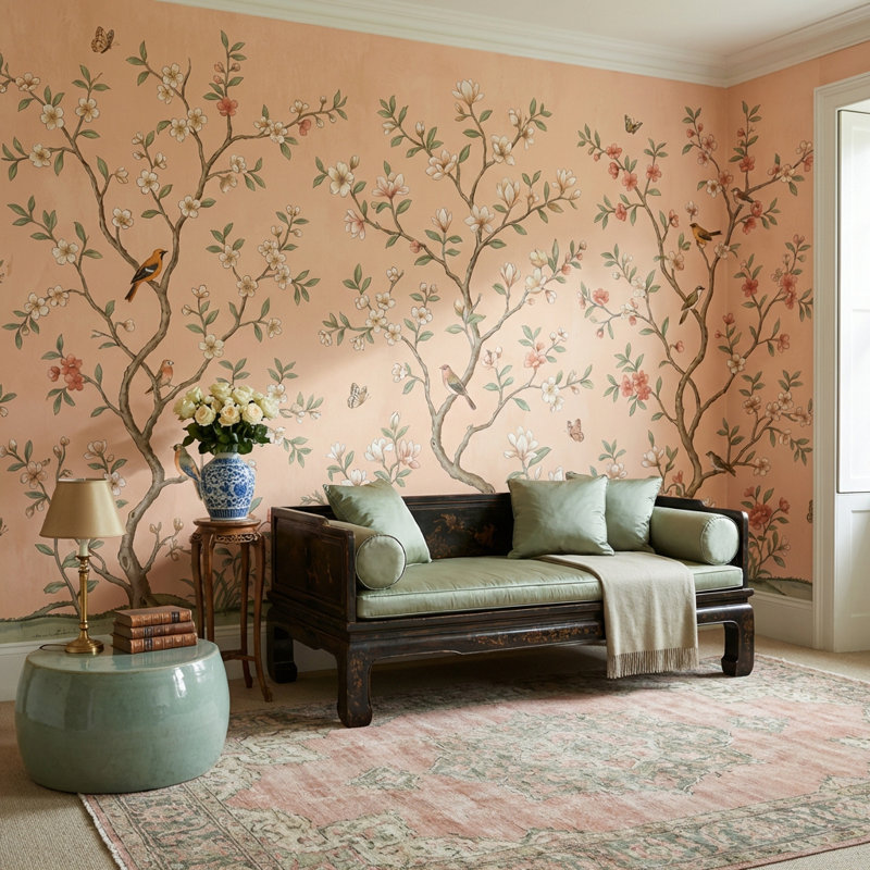 Papier peint floral chinois Chinoiserie, Non-Woven Nonpasted, 160 po x 108 po