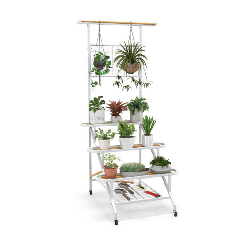 White and Tan Metal 4-Tier Ladder Plant Stand with Trellis