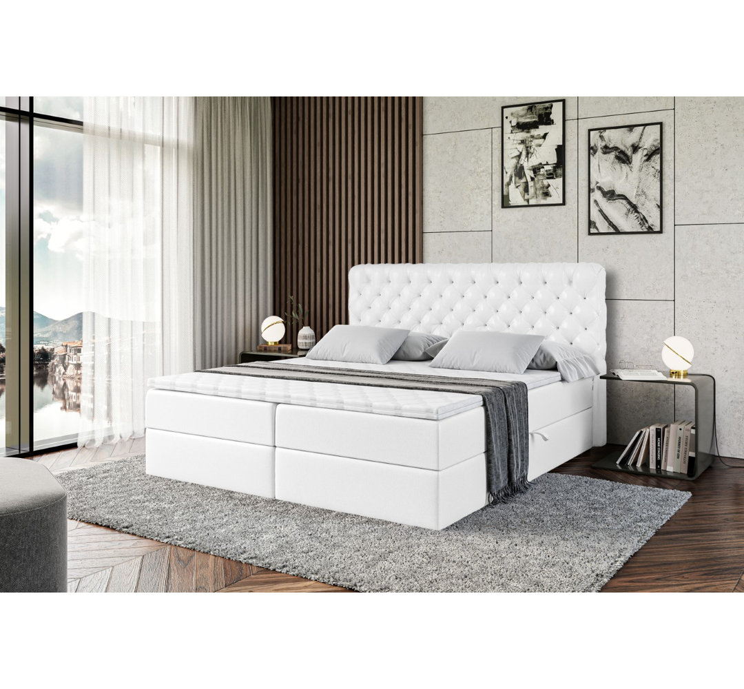 Boxspringbett Riggins in Kunstlederoptik mit H4 Multipocket-Matratze, Bettkasten und Topper