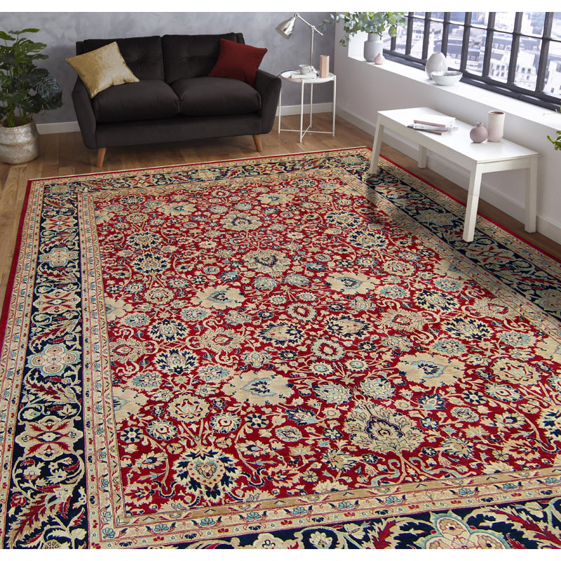 Tapis décoratif rouge en laine nouée à la main Versailles Sherman, Rectangle 8 pi 11 po x 11 pi 11 po