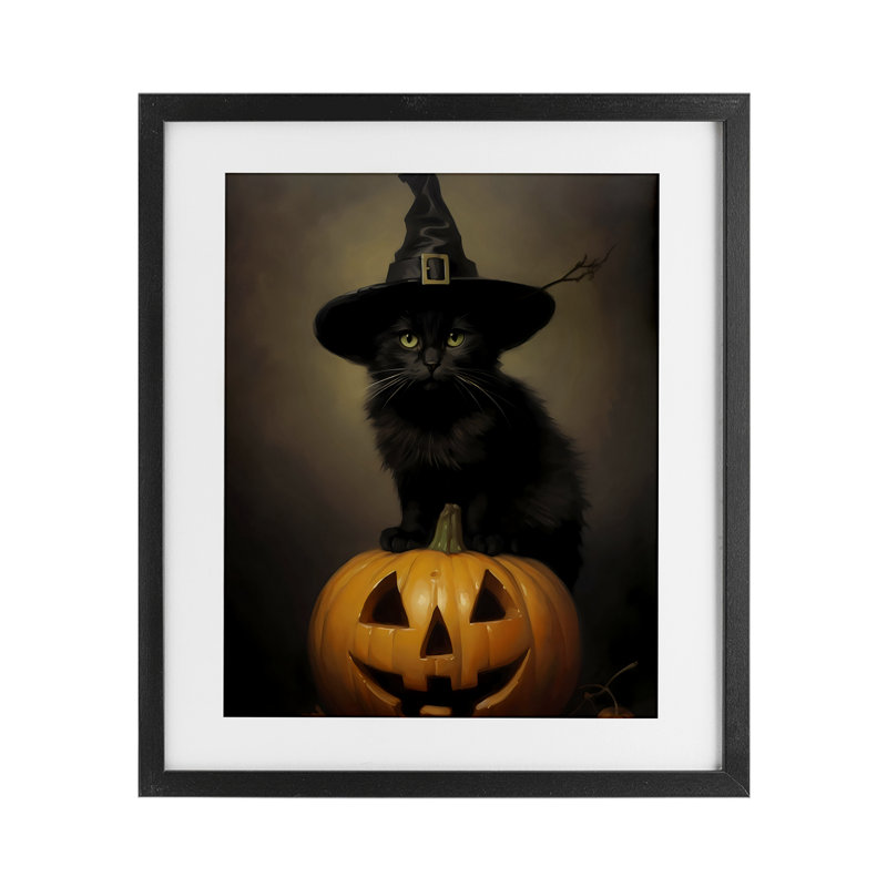 «Black Cat on Pumpkin», reproduction encadrée sous verre, design par LSR Design Studio, H 21 po x l 17 po, Cadre noir minuit