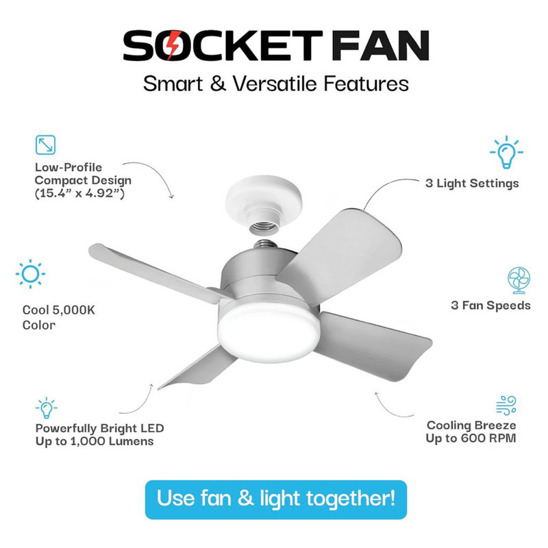 Bell + Howell Socket Fan Ceiling Cool Light with Remote Control, 1000 Lumens, Silver