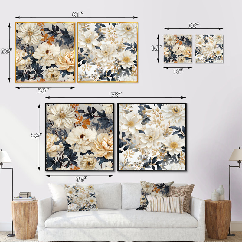 Tottenham - Ensemble de 2 collages carrés floraux, Cadre flottant doré, H 36 po x l 73 po