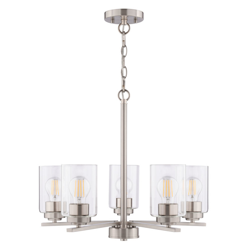 Park Ridge 5-Light 21 In. Wide Transitional Round Chandelier With Clear Glass Shade, LED Compatible, Adjustable Height, Hanging Ceiling Pendant Fixture For Dining Table Kitchen Entryway Bedroom Island Foyer