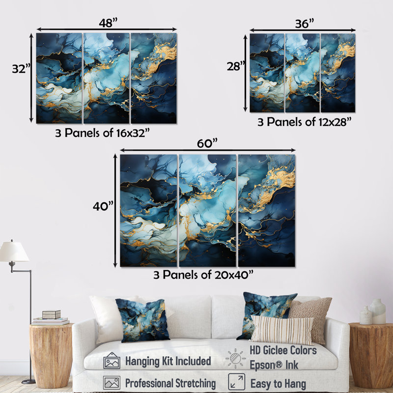«Blue and Gold Abstract Hurricane I - Storms», ensemble d'art mural sur toile, H 28 po x l 36 po x P 1 po, Toile tendue