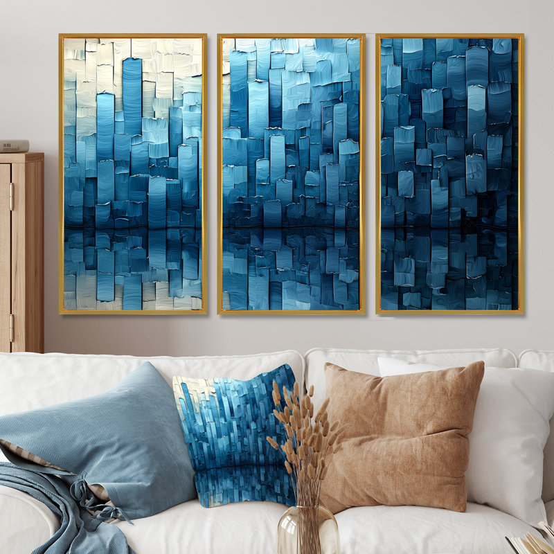 «Drip Paint» de Blue Cubic Matrix III - décoration murale, 3 pièces, H 40 po x l 60 po, Doré