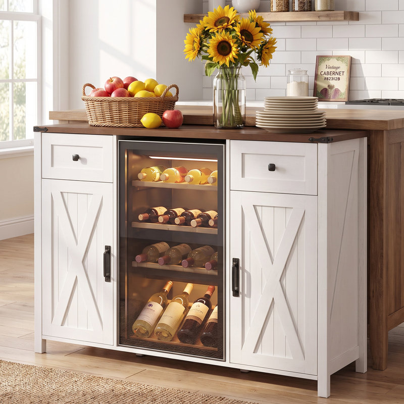 Armoire frigorifique 53,2 "de style campagnard, armoire à café avec prise de courant, mini-buffet cannelé à vin avec 2 portes et 2 tiroirs pour le salon
