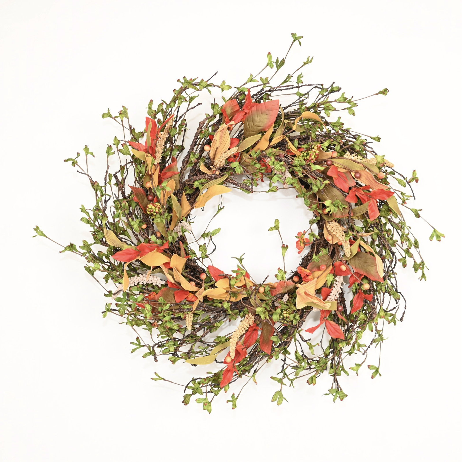 24" Artificial Farmhouse Twig Maple Autumn Leaves Berry Fall Wreath for Front Door Thanksgiving Day Decor