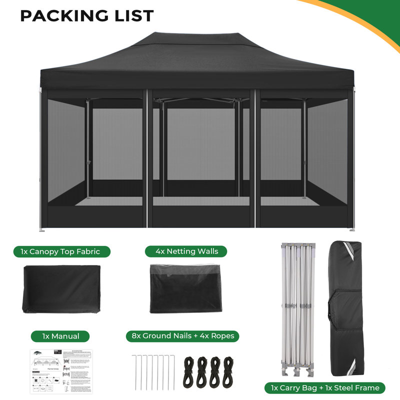 10'x15' Heavy Duty Canopy Tent, Pop up Gazebo with Netting Screened, Black