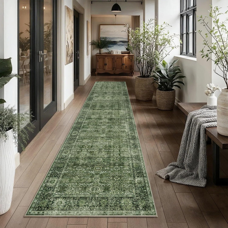Tapis vert lavable pour salon, Green, Tapis de couloir 3 pi x 12 pi