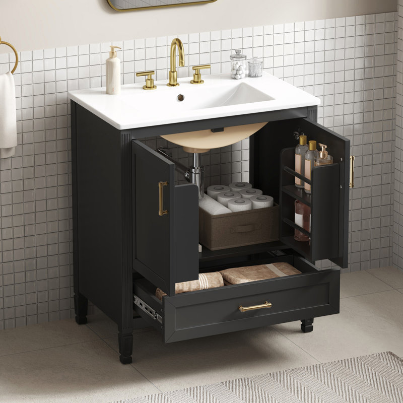 Meuble-lavabo cannelé avec lavabo et portes à fermeture douce, Noir