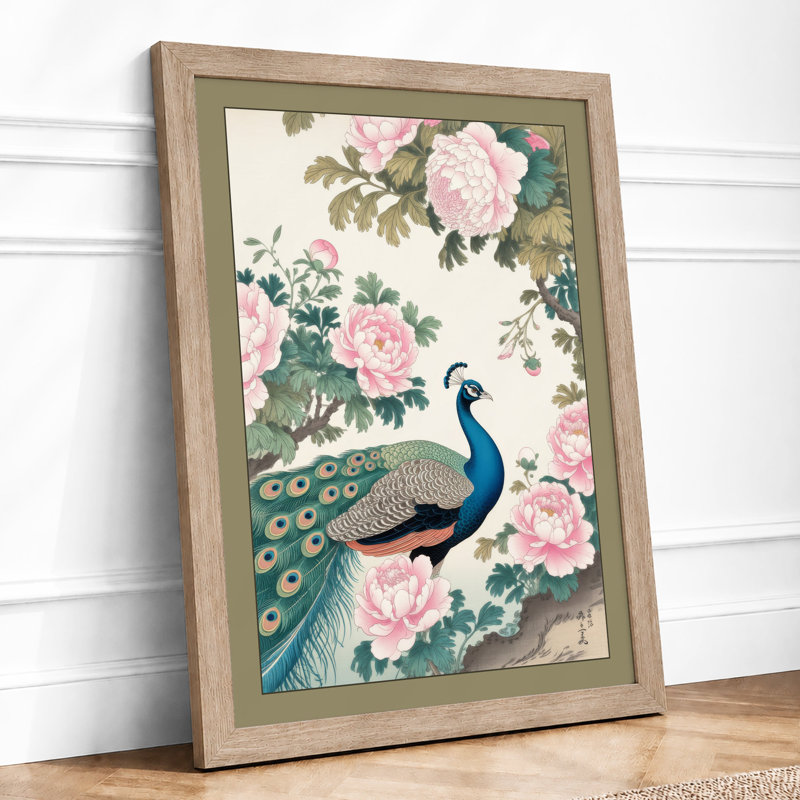 Peacock Among Roses Japandi - Framed Print, Oak, A4 - 29.7 x 21.0 cm