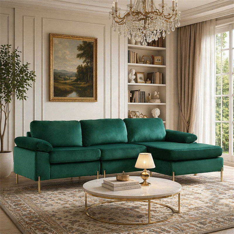 Canapé modulaire en velours avec méridienne Shannon, Vert