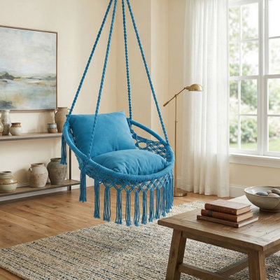 Chaise hamac pivotante en macramé résistante aux intempéries avec 2 coussins amovibles pour patio