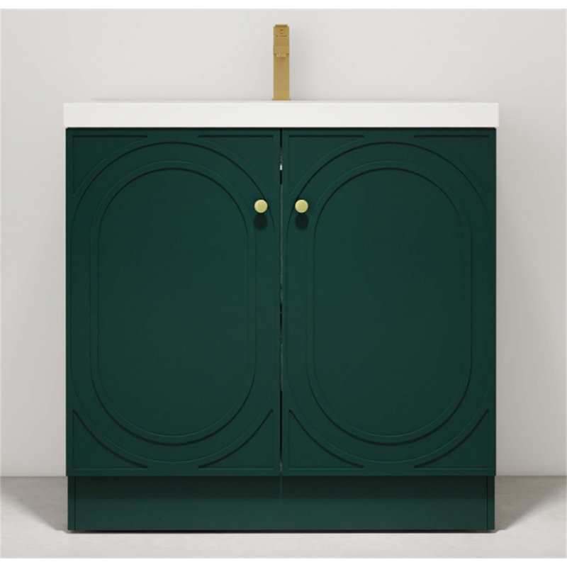 Meuble-lavabo autoportant avec lavabo en résine et portes d'armoire à fermeture en douceur, offrant des tablettes réglables et des poignées en métal personnalisables pour plus de commodité