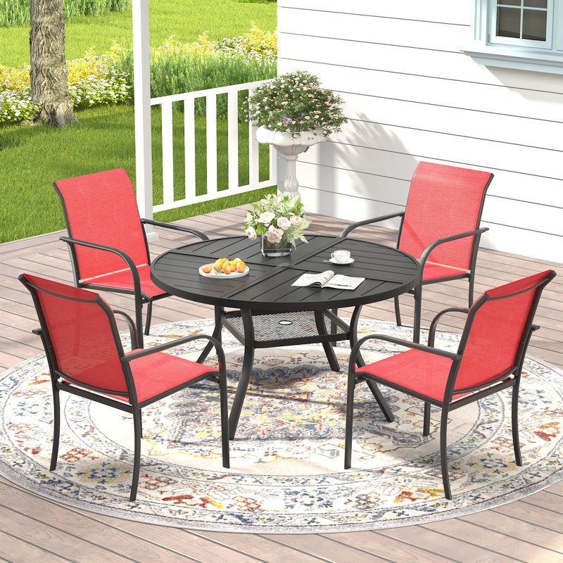 4-Person Patio Dining Set with Round Dining Table and 4 Stackable PVC-coated polyester Armrest Chairs, Black/Red