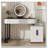 Modern Vanity Table with Tempered Glass Top, Adjustable Height Legs, Multi-functional Storage Cabinet and Round Mirror