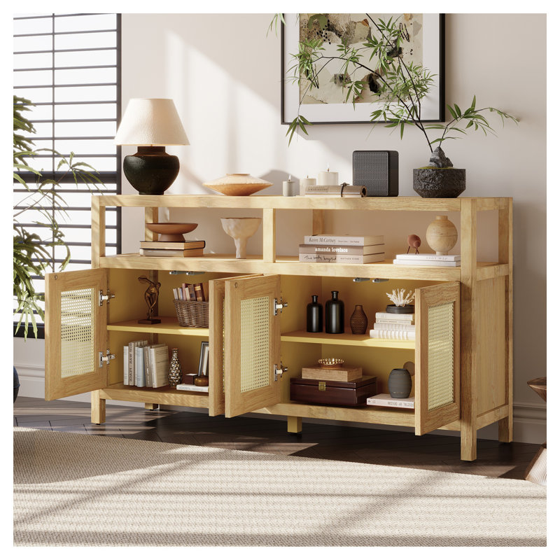 Buffet en rotin naturel Trexm avec tablettes réglables et portes à pousser, armoire de rangement moderne Boho, Brun