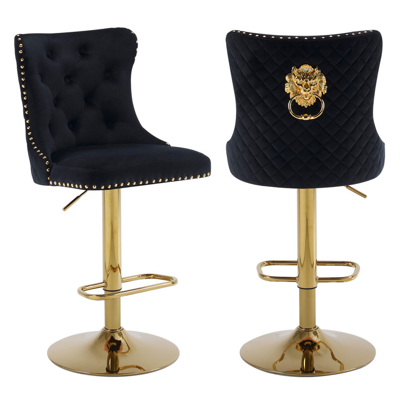 Swivel Upholstered Velvet Adjustable Height Bar Stool, Gold, Black