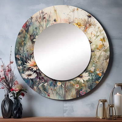 Sosthena Orange Green Daisy Tranquility - Daisy Wall Mirror, Orange Round Decorative Mirror, Printed Metal Art