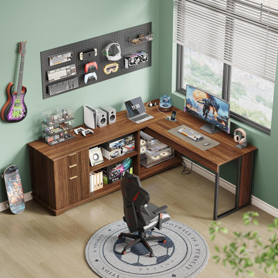 L Shaped Desk With Lift Top, Power Outlets, 3 Fluted Design Drawers, Storage Shelves, CPU Stand