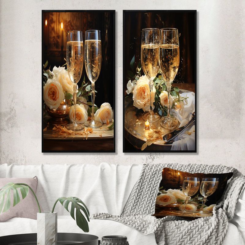 Sparkling Celebration - Ensemble d'art mural sur toile vin et champagne, Cadre noir, H 32 po x l 33 po