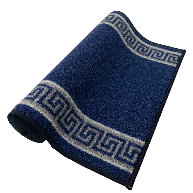 Custom Size Anti Slip Low Profile Loop Pile Meander Greek Key Navy Design Runner Rug Carpet, Runner 1'10" x 40'