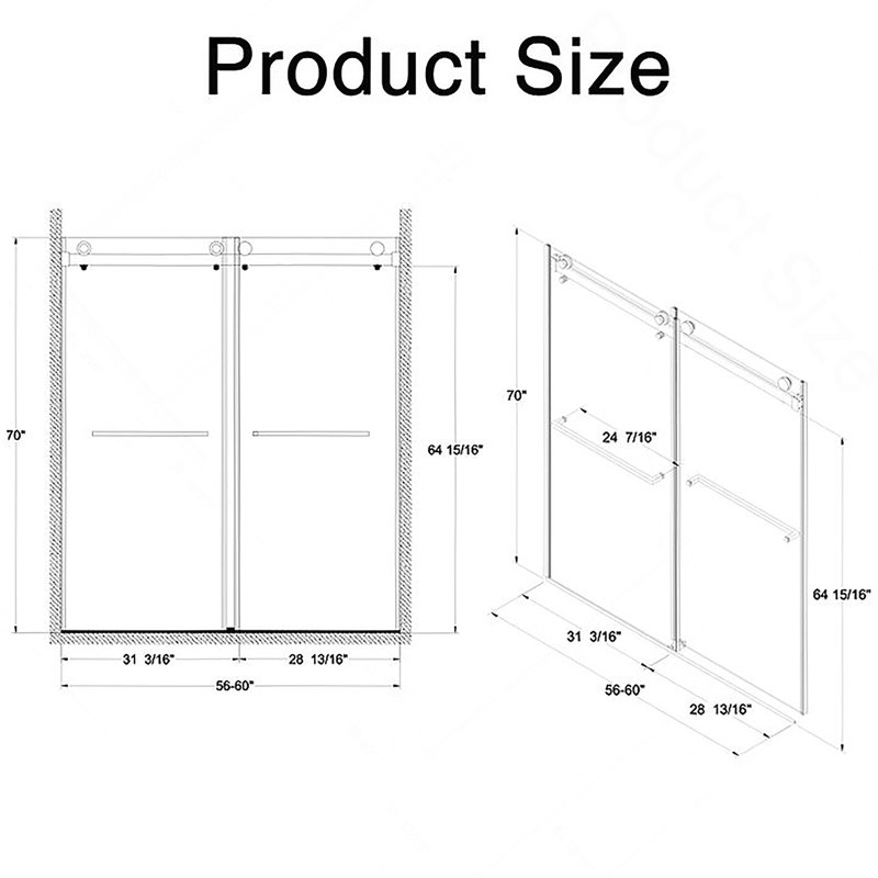 56-60"W X 70"H Frameless Double Sliding Shower Door,5/16" (8Mm) Thick SGCC Tempered Clear Glass,Double Side Easy Clean Coat,Brushed Gold Finished With Buffer