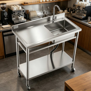 Commercial Stainless Steel Portable Sink Workbench With Hot And Cold Water Taps, Suitable For Garages, Restaurants, And Laundry Rooms.