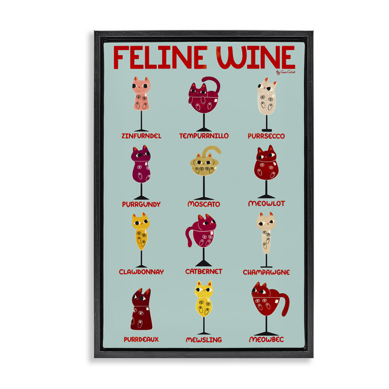 Cadre flottant Clever Feline Wine Drinks, design par Carrie Cantwell, H 25 po x l 17 po, Cadre flottant noir de jais
