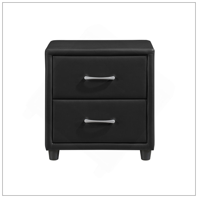 Table de chevet contemporaine contemporaine en similicuir noir avec poignées argentées, meubles élégants et fonctionnels