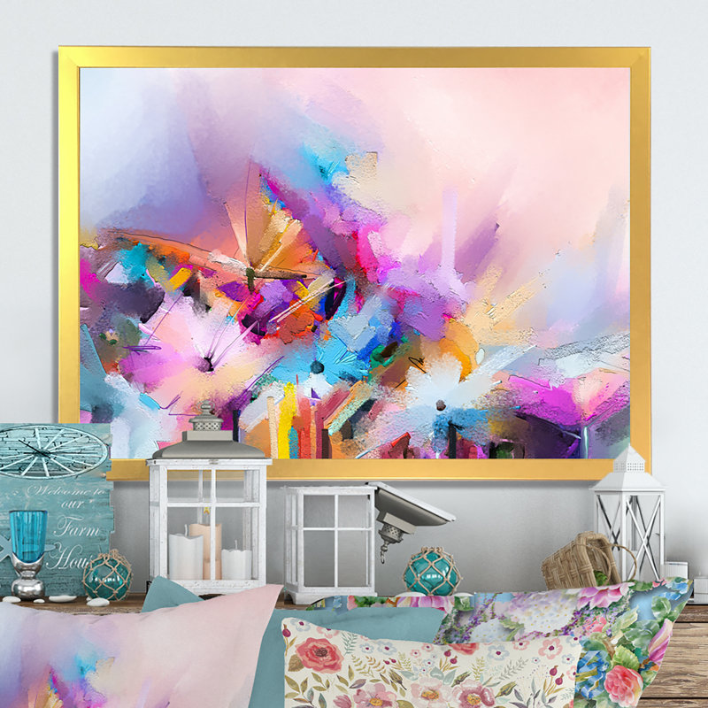 Turquoise, mauve, grunge, huile sur toile, impression sur toile flottante, H 12 po x l 20 po x P 1 po, Cadre doré