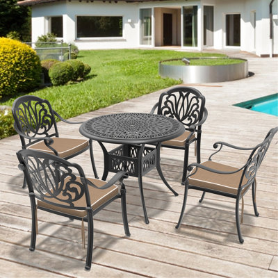 5 meubles d'extérieur en fonte d'aluminium avec structure noire, coussins de siège bruns, sculpture traditionnelle, revêtement, rangement confortable et empilable, tissu de coussin résistant au soleil, patin de patio