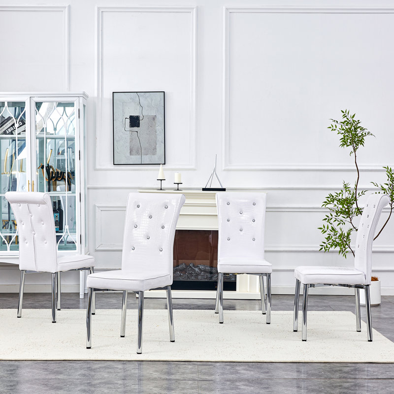 Modern Dining Chairs with PU Leather Cushioned Spring Pack, 4, Silver, White