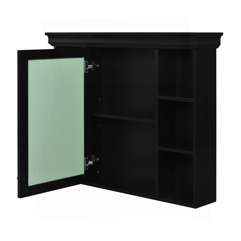 Armoire de rangement murale noire 35 po x 28 po avec porte miroir, armoire de salle de bain moderne avec miroir, armoire à pharmacie avec 6 tablettes ouvertes