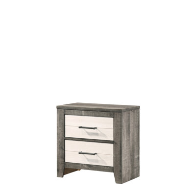 Table de chevet contemporaine pour la chambre à coucher: 1 armoire de chevet, deux tiroirs, poignées en métal et armoire de chambre à coucher au fini beige gris, table de chevet, tiroirs avec décor bicolore