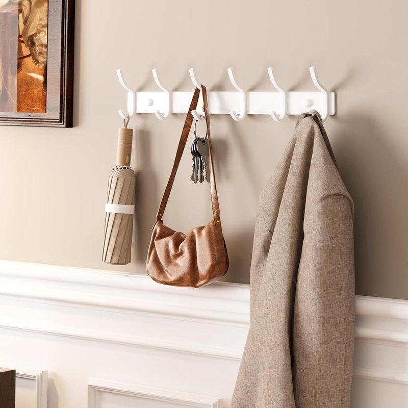 Portemanteau mural - blanc, conception en arc de 15 pouces avec 6 crochets pour manteaux, sacs, serviettes, idéal pour le vestibule, le salon, la chambre à coucher, la salle de bain