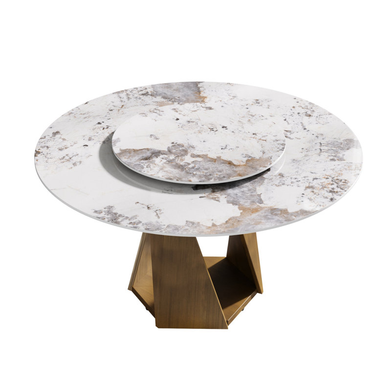 Table ronde de 53 po en pierre frittée blanche, base en métal, 6 plateaux rotatifs de 23,62 po, facile à nettoyer avec une surface en pierre et une capacité de 6, disque rotatif, bureau stable et imperméable pour liquides