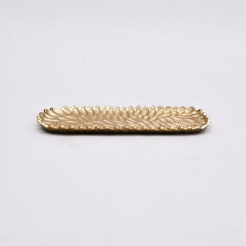 Plateau décoratif | Plateau en aluminium texturé à motif de fougère texturée à finition nickel | 13 x 5 x 1 po