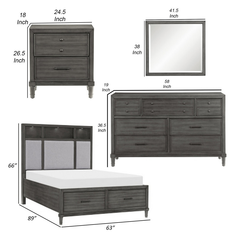 Ensemble de chambre avec grand lit 4 pièces Celia, avec éclairage à DEL, ports USB, gris chaud