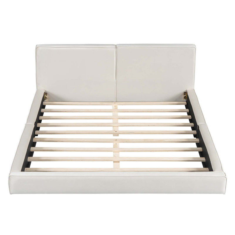 Grand lit plateforme tapissier avec tissu en velours, Beige