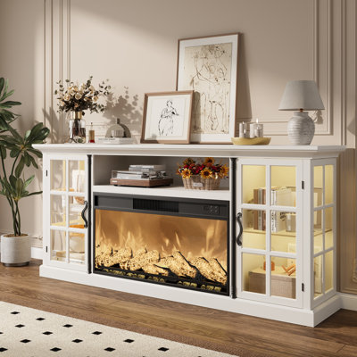 70" Farmhouse Fireplace TV Stand for TVs Up to 80", Entertainment Center with 30" Electric Fireplace, Tempered Glass Storage Cabinet, Media Console