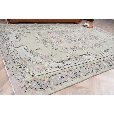 Large Green Turkish Vintage Anatolian Wool Rug Ideal for Salon Spaces Featuring Faded Oushak Design and Colorful Patterns