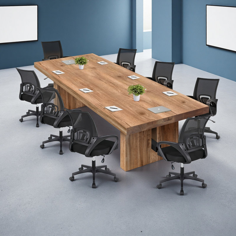 Ensemble de bureau pour 8 personnes, table de conférence moderne en bois massif de style industriel avec chaise de bureau noire 