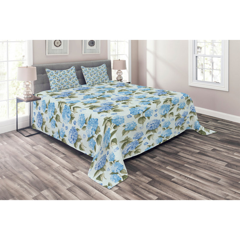 Farmhouse / Country Polyester Floral Coverlet, King Bedspread + 2 Shams, Blue