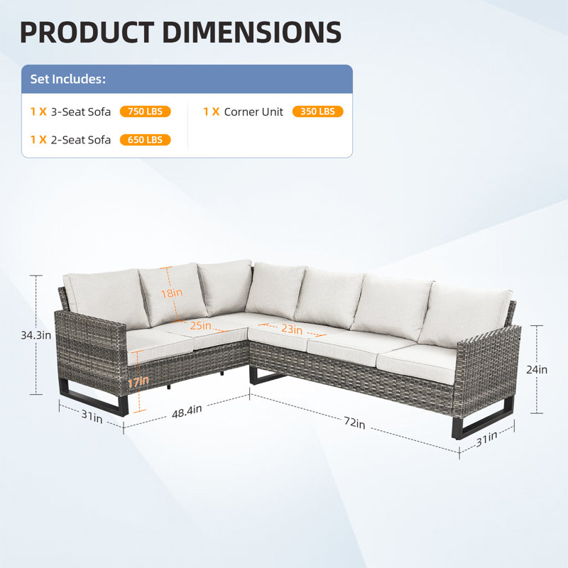 Chaquille 105'' Wide L-Shaped Wicker Patio Sectional with Cushions, Gray, Beige